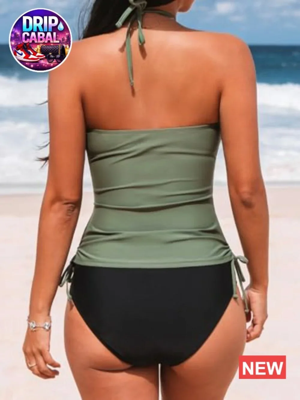 High Neck Halter Tankini Set with Adjustable Drawstrings, Mid Rise Bottoms